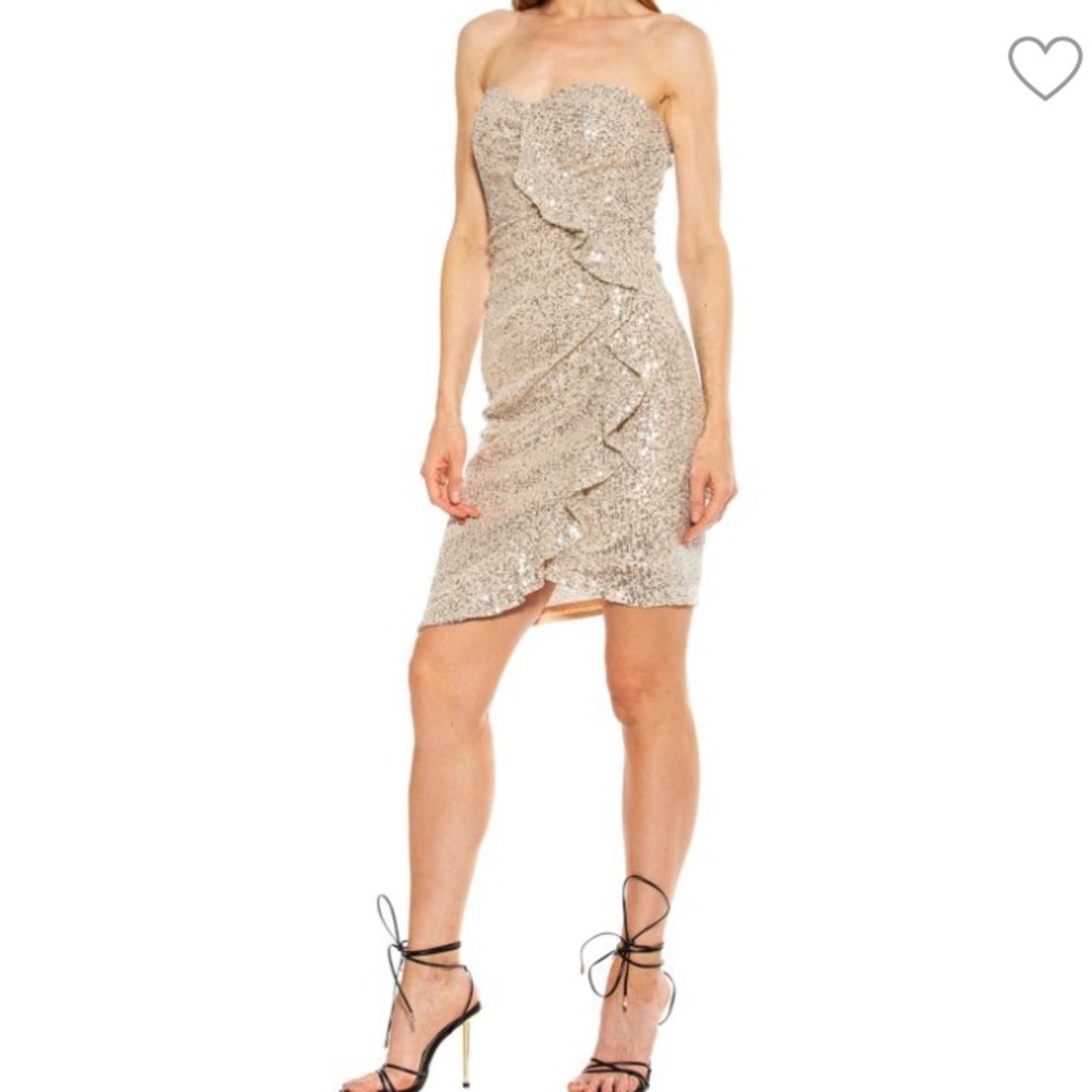 ALEXIA ADMOR Champagne All-Over Sequin Tulip-Hem Ruffle Strapless Sheath Dress S